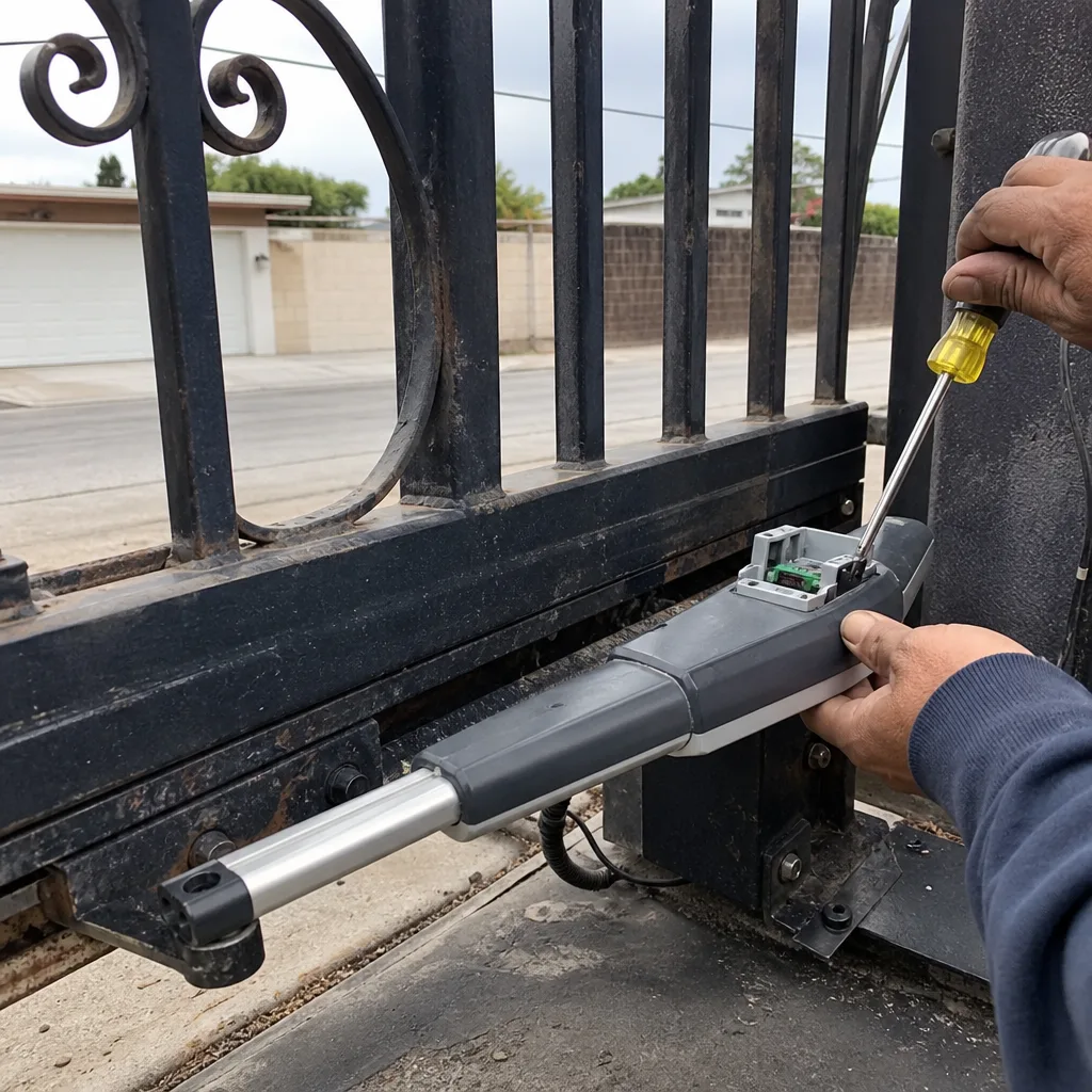 Technician performing professional electric gate repair and maintenance on metal gate.