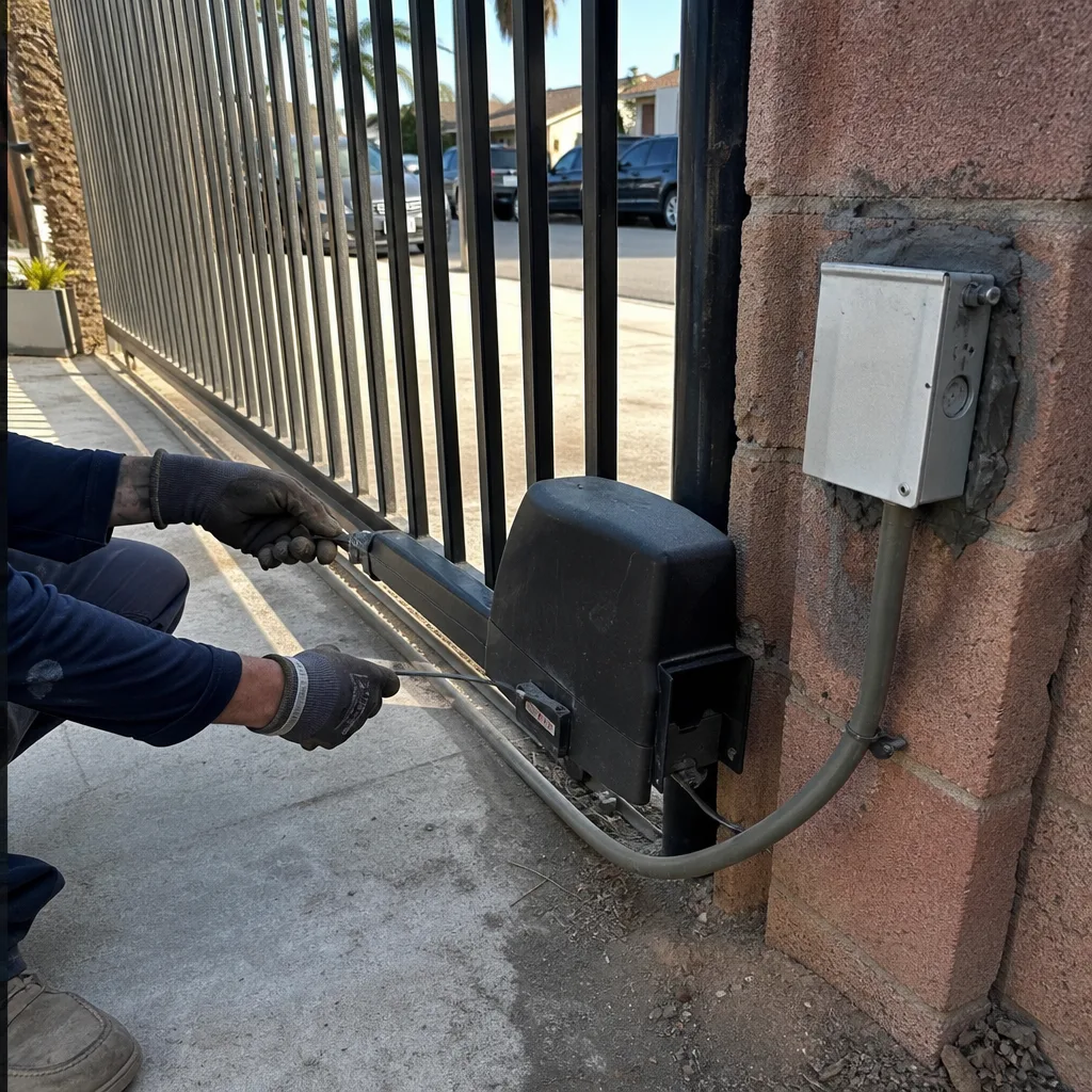 Technician performing maintenance on an electric sliding gate motor