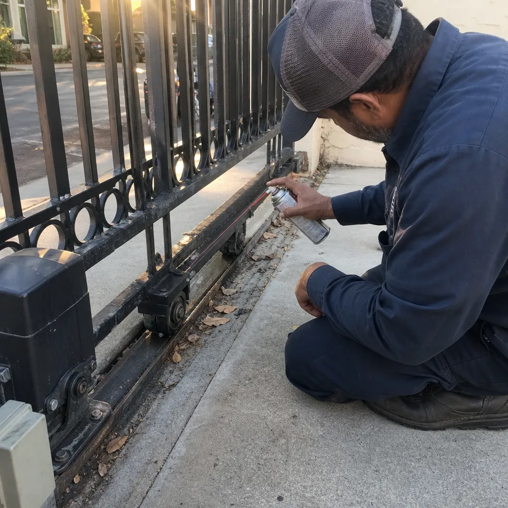 Technician performing professional gate motor repair and lubrication