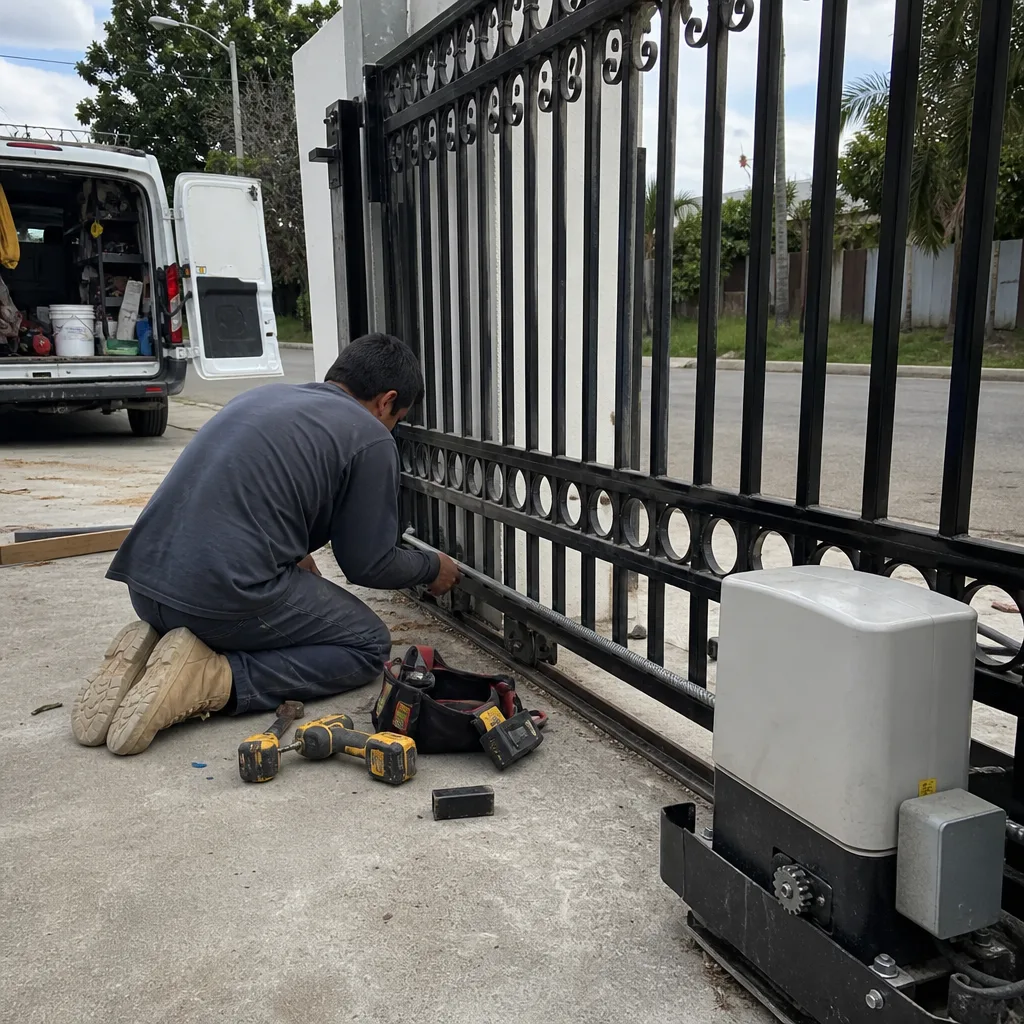 Technician performing professional gate motor repair and maintenance