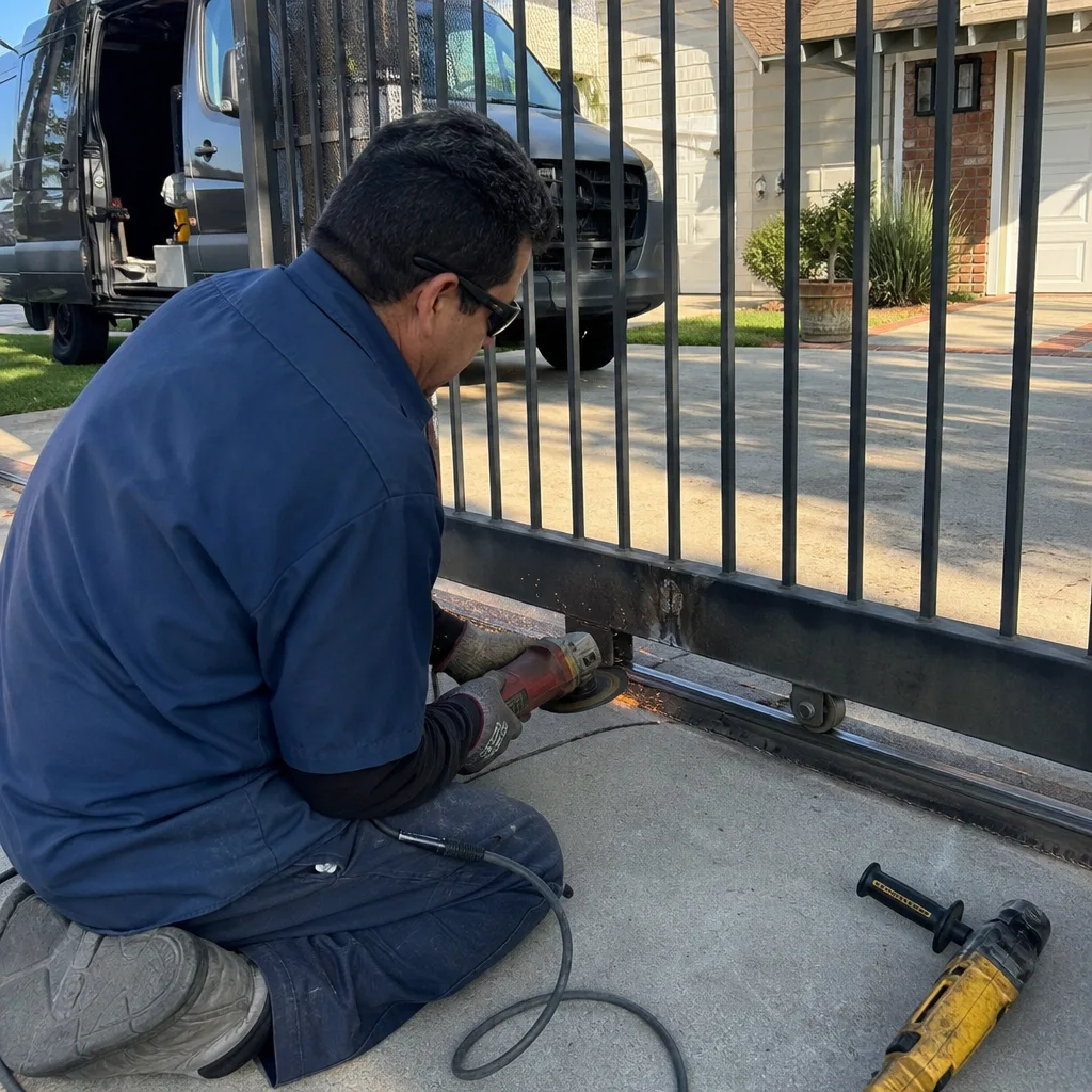 Technician using an angle grinder to repair a metal sliding gate